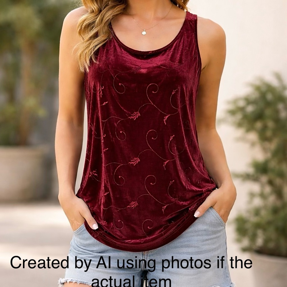 Working Classics Design & Co Women's 22/24 Burgundy Velvet With Designs Tank Top